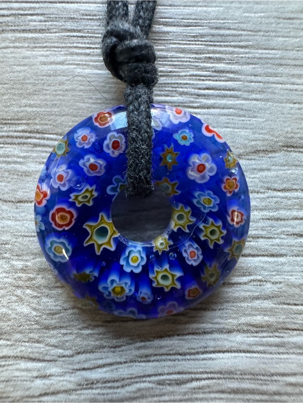 Murano Style Millefiori Glass Donut Pendant Necklace Cobalt Blue Boho Floral